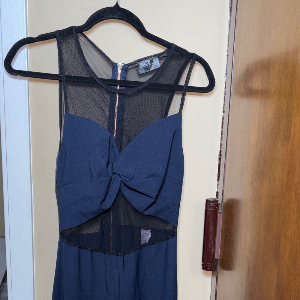 LUX LA Sleeveless Navy Jumpsuit with Front Bow and Mesh